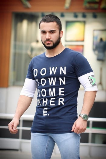 Madmext Baskılı Kol Detaylı Lacivert Tişört Mad4010
