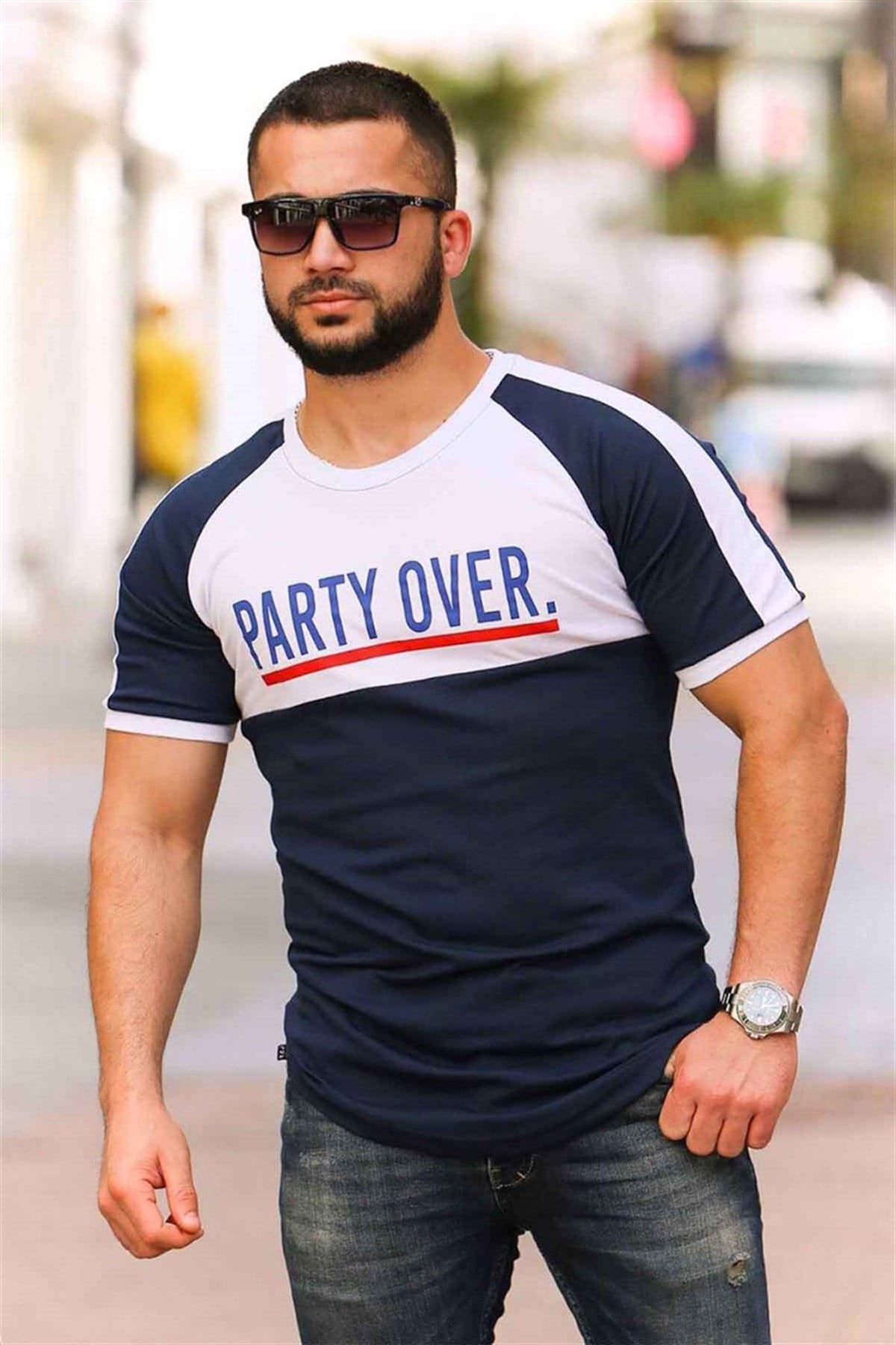 Madmext Navy Blue Two-Tone T-shirt for Men 4027