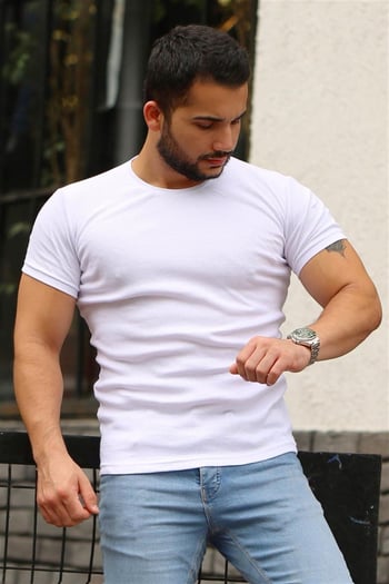 Madmext Bisiklet Yaka Beyaz Basic Tişört 4077