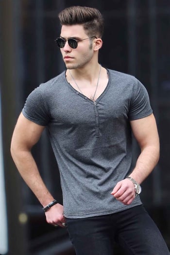 Madmext Düğmeli Antrasit Basic Tişört 4052