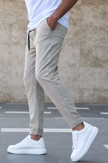 Madmext Cream Checked Trousers Mad4081
