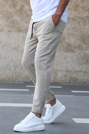 Madmext Cream Checked Trousers Mad4081