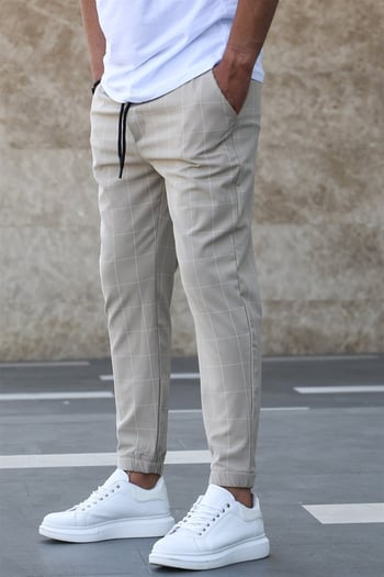 Madmext Cream Checked Trousers Mad4081