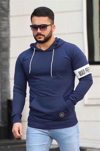 Madmext Navy Blue Printed Hoodie 4123