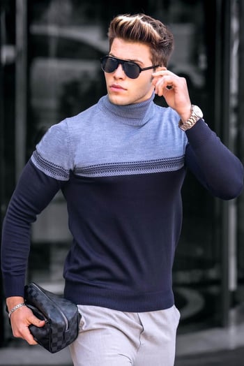 Madmext Blue Two-Tone Turtleneck Jumper 4675