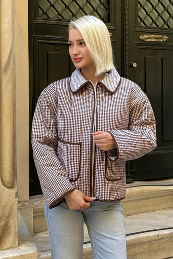 Kahverengi Pötikareli Cepli Kadın Mont Mg2488