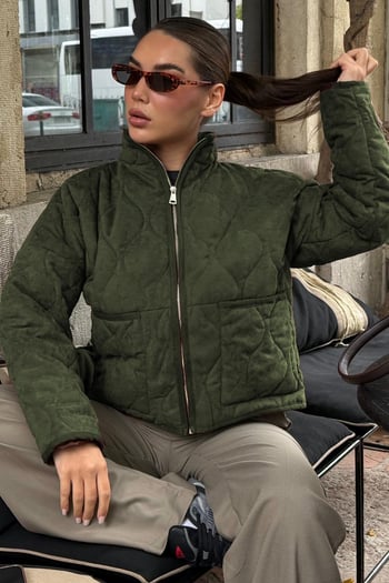 Haki Dik Yaka Kapitone Kadın Mont MG2568