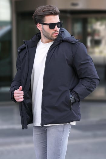 Siyah Kapüşonlu Oversize Erkek Şişme Mont 7237