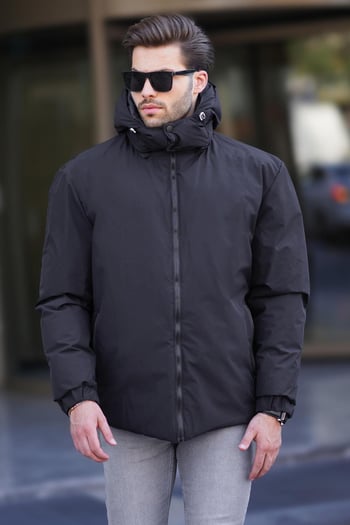 Siyah Kapüşonlu Oversize Erkek Şişme Mont 7237