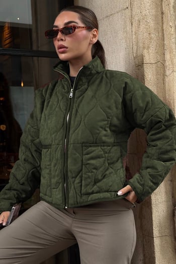 Haki Dik Yaka Kapitone Kadın Mont MG2568