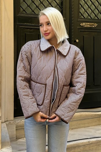 Kahverengi Pötikareli Cepli Kadın Mont Mg2488