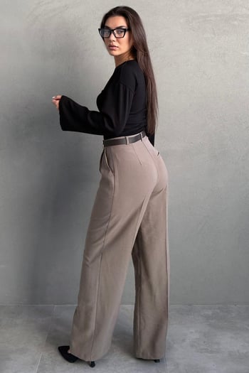 Haki Yüksek Bel Pileli Kemerli Geniş Paça Kadın Pantolon MG2615