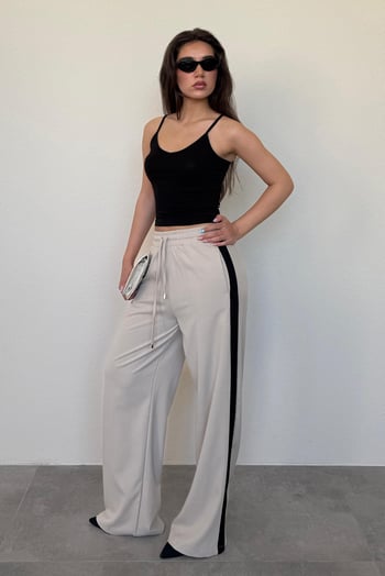 Bej Şerit Detaylı Bol Paça Kadın Pantolon MG2441 