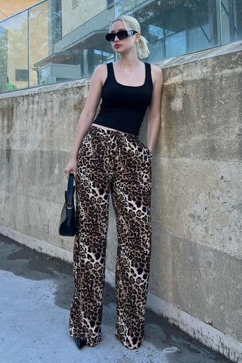 Bej Ayarlanabilir Bel Leopar Desenli Bol Paça Pantolon MG2095