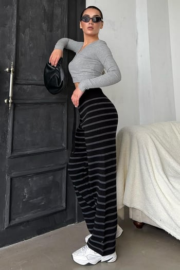 Antrasit Çizgili Kadın Triko Pantolon Mg2342