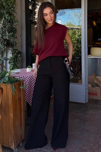 Siyah Yüksek Bel Keten Wide Leg Pantolon MG2718