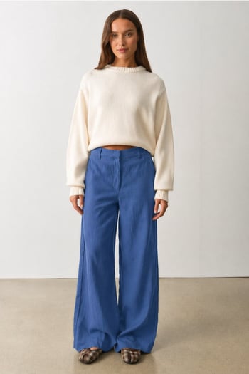 İndigo Yüksek Bel Keten Wide Leg Pantolon MG2718