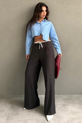 Acı Kahve Çift Bel Bantlı Wide Leg Kadın Pantolon MG2551