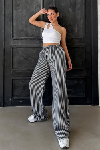 Siyah Beli Ayarlanabilir Çizgili Cepli Bol Paça Kadın Pantolon Mg2312