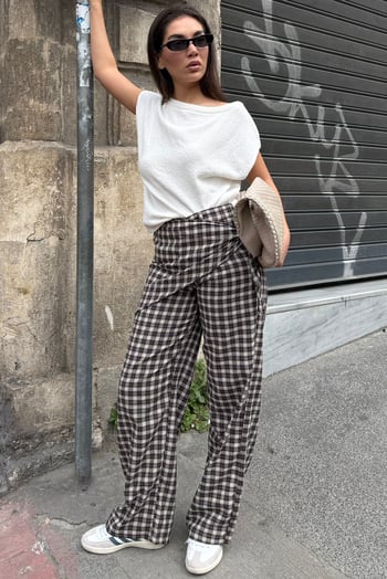 Kahverengi Fularlı Ekose Pantolon MG2734