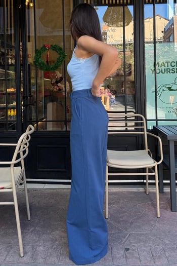 İndigo Yüksek Bel Keten Wide Leg Pantolon MG2718