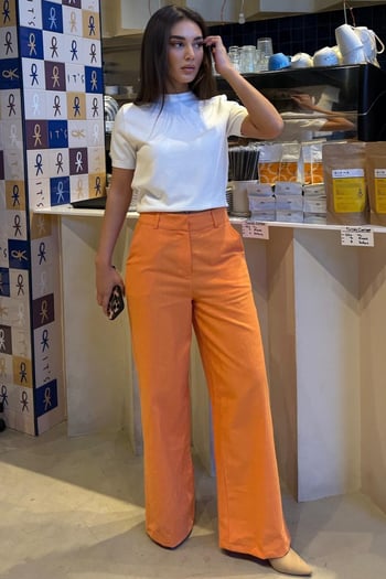 Turuncu Yüksek Bel Keten Wide Leg Pantolon MG2718