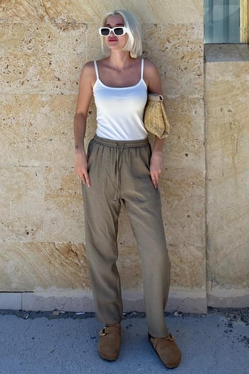 Yeşil Ayarlanabilir Bel Rahat Kesim Pantolon MG2161