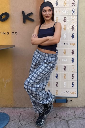 Lacivert Ekose Desenli Yüksek Bel Balon Fit Kadın Pantolon MG2726