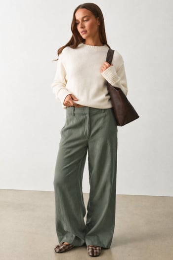 Haki Yüksek Bel Keten Wide Leg Pantolon MG2718