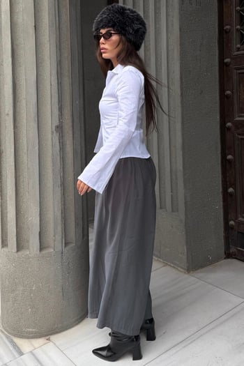 Antrasit Rahat Kesim Pileli Cepli Kadın Etek Pantolon MG2693