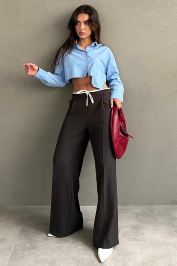 Acı Kahve Çift Bel Bantlı Wide Leg Kadın Pantolon MG2551