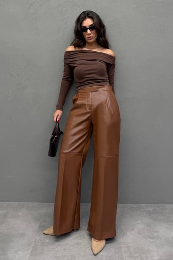 Kahverengi Palazzo Kadın Deri Pantolon MG2612