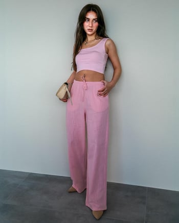 Pembe Beli Büzgülü Wide Leg Kumaş Pantolon MG1950