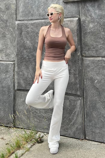 Ekru Beli Fitilli Yüksek Bel İspanyol Paça Pantolon MG2096