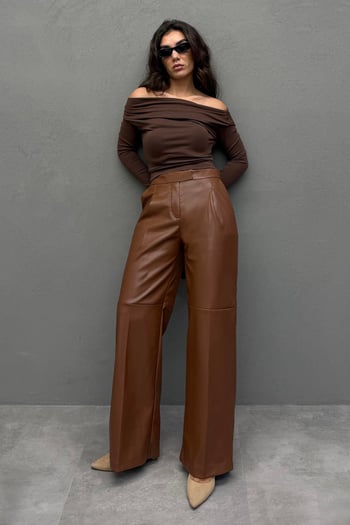 Kahverengi Palazzo Kadın Deri Pantolon MG2612