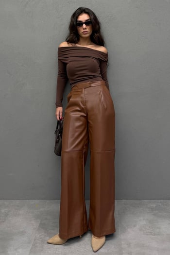 Kahverengi Palazzo Kadın Deri Pantolon MG2612