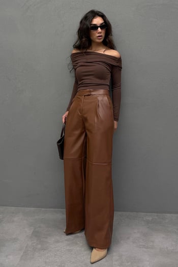 Kahverengi Palazzo Kadın Deri Pantolon MG2612