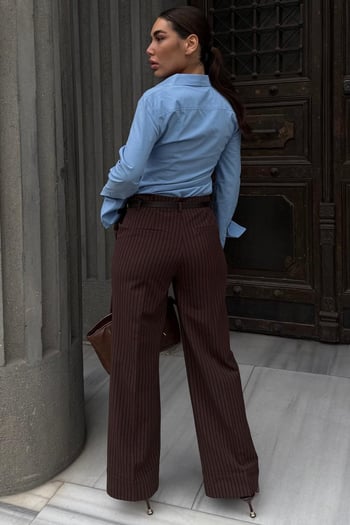 Kahverengi Çizgili Geniş Paça Normal Bel Kemerli Pantolon MG2735