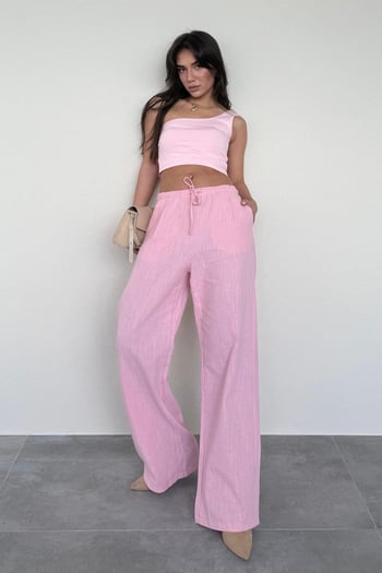Pembe Beli Büzgülü Wide Leg Kumaş Pantolon MG1950