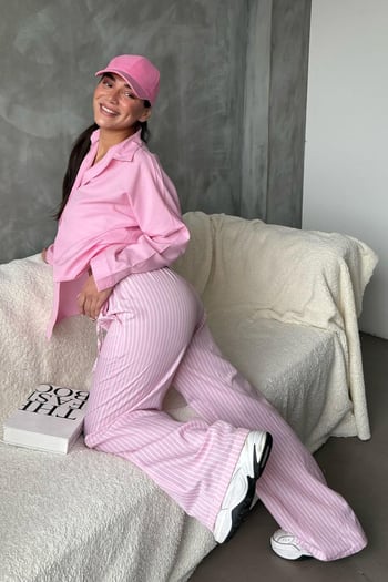 Pembe Beli Ayarlanabilir Cepli Bol Paça Kadın Pantolon Mg2312
