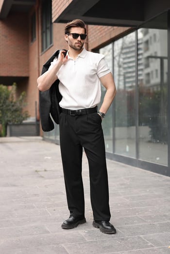 Siyah Pilili Relaxed Fit Pantolon E6588