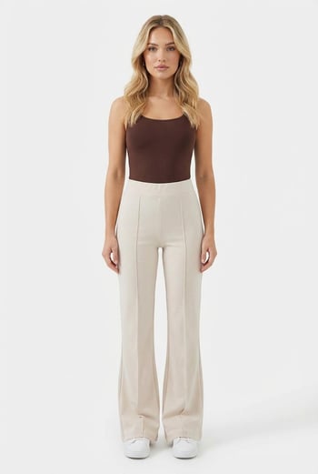 Bej Yüksek Bel Flare Paça Şık Günlük Kadın Tayt MG2645