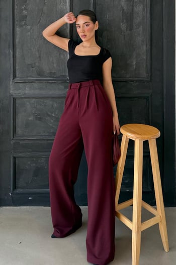 Bordo Çift Pileli Kemerli Pantolon Mg2330