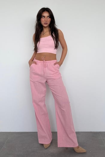 Pembe Beli Büzgülü Wide Leg Kumaş Pantolon MG1950