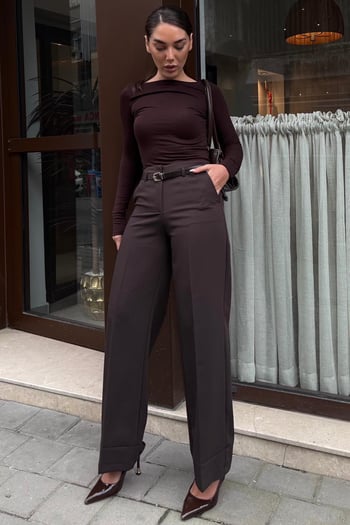 Acı Kahverengi Geniş Paça Normal Bel Kemerli Pantolon MG2735