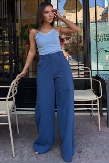 İndigo Yüksek Bel Keten Wide Leg Pantolon MG2718