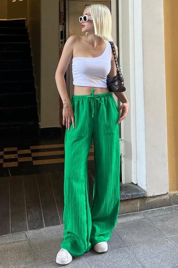 Yeşil Cepli Bol Paça Kadın Pantolon MG1882