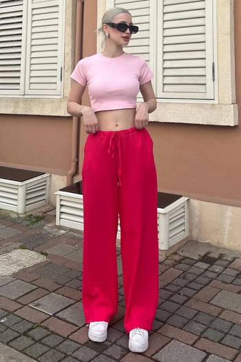 Fuşya Krinkıl Kumaş Basic Kadın Plaj Pantolon MG1778