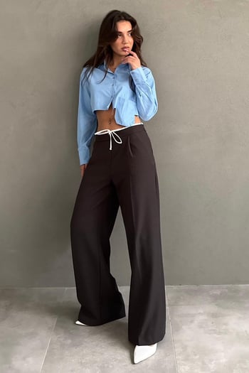 Acı Kahve Çift Bel Bantlı Wide Leg Kadın Pantolon MG2551