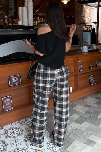 Füme Ekose Desenli Balon Fit Kadın Pantolon MG2686